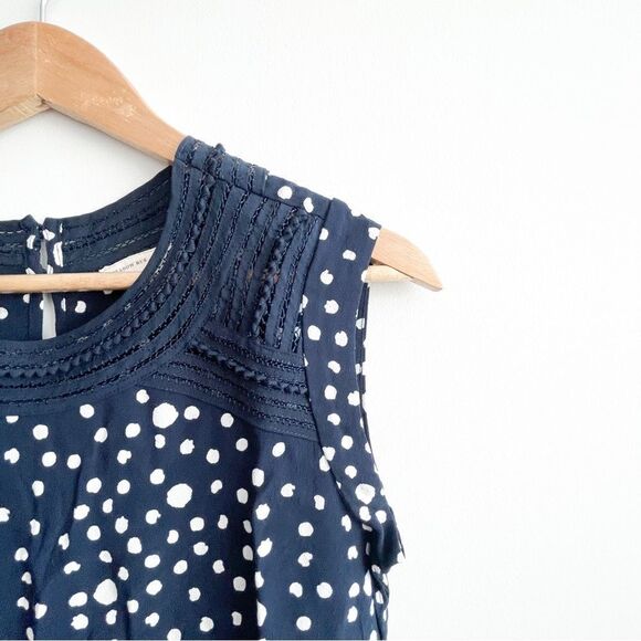 ANTHROPOLOGIE Meadow Rue Sanna Blouse Top Navy Blue White Dot Crochet Lace Trim - Picture 5 of 11